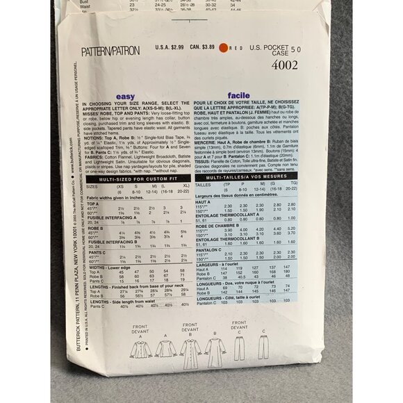 Misses Butterick 4002 Sewing Pattern Nightgown & Pajamas Size 16 18 20 22 - uncu - Picture 2 of 2